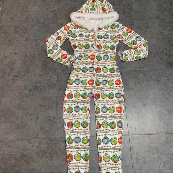 Festive Xmas Hooded Onesie with Ornament Grinch Print - Picture 1 of 1